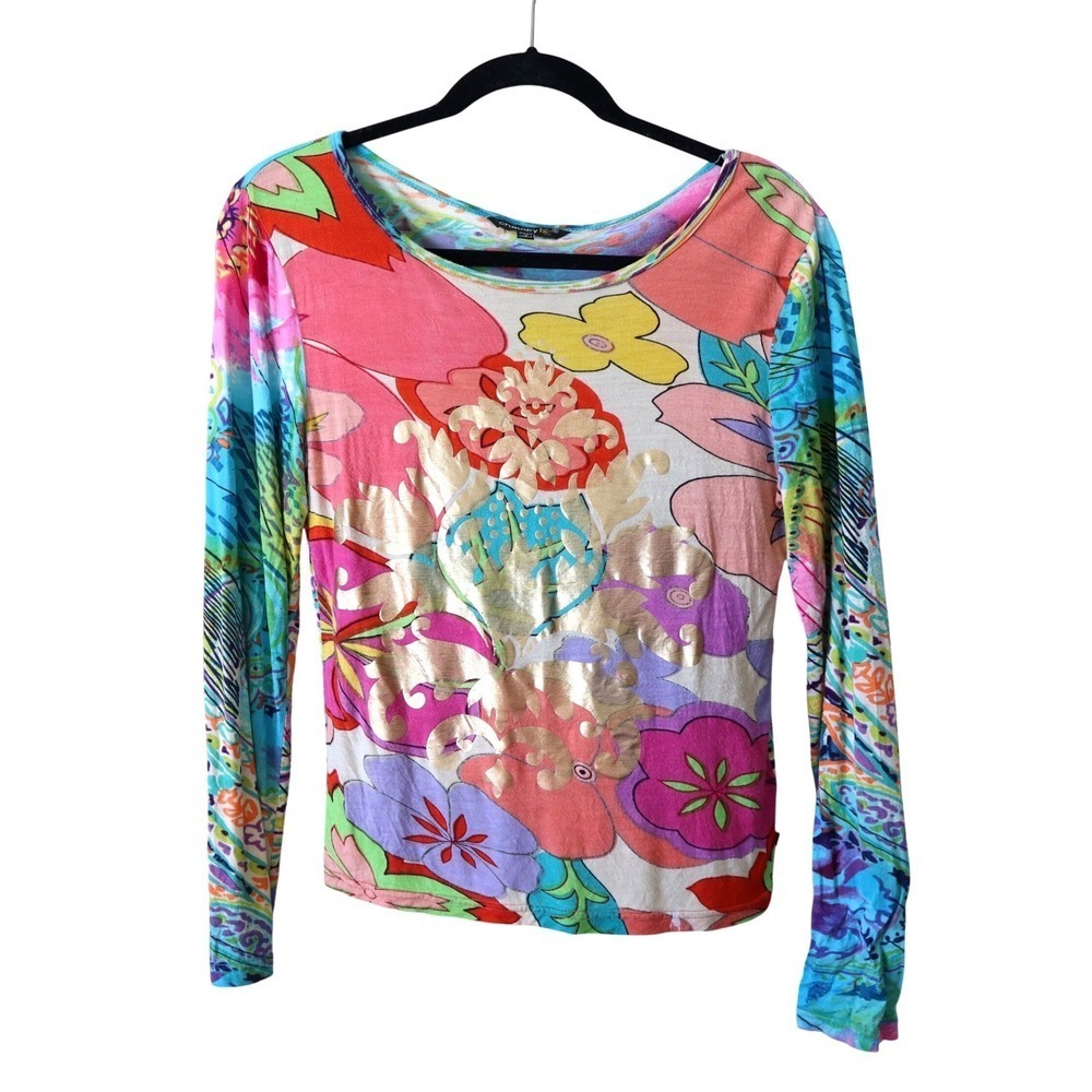 Chaudry KC Women's Long Sleeve Floral Metallic Paisley Babydoll Top S Multicolor
